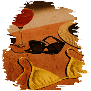 A warm color picture of a summertime afternoon of a drink and bikini top for a post discussing forbidden end of summer romance tropes.